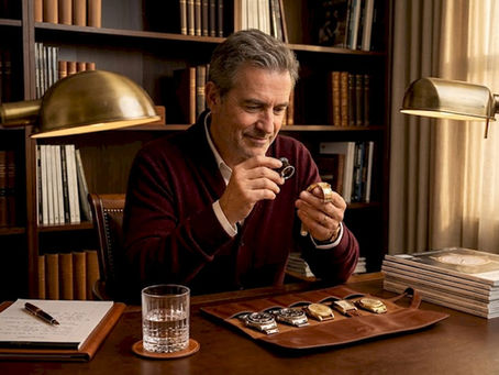 Watch collector examining timepiece in home study