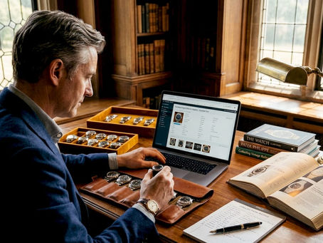 Collector cataloguing watches in home office