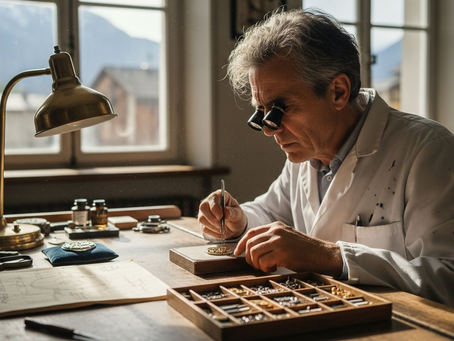 Watchmaker inspecting Patek Philippe in workshop