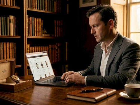 Person comparing luxury watches online in home office