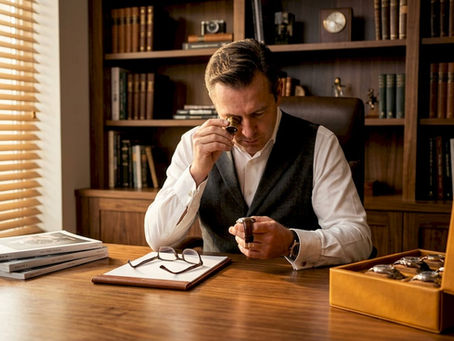 Collector inspecting vintage luxury watch at desk