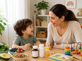 A speech therapist talking to a child