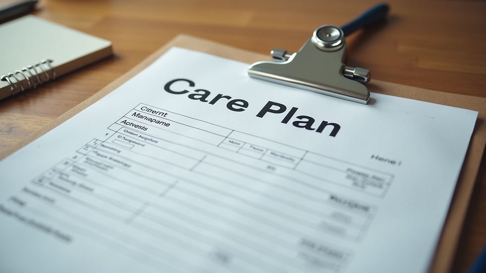 Close-up view of a care plan document with notes and a pen on a wooden table