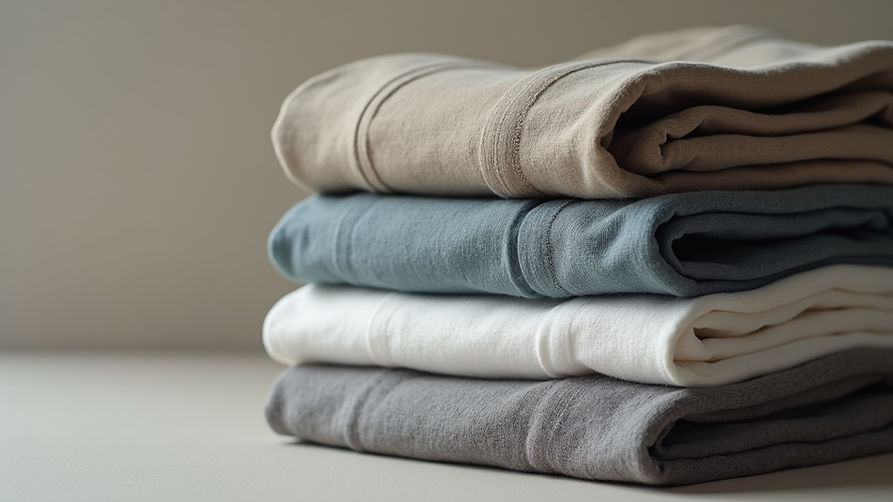 Eye-level view of a folded stack of men's thermal shirts in neutral colors