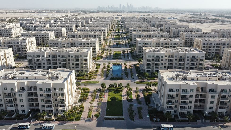 High angle view of affordable residential buildings in Dubai South