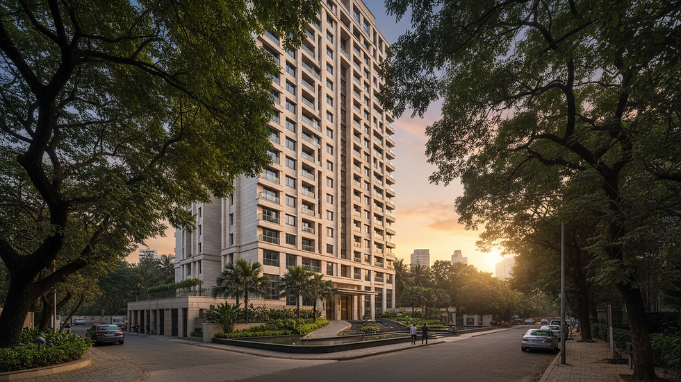 Wide-angle view of a luxury residential tower near tree-lined streets in Bandra West