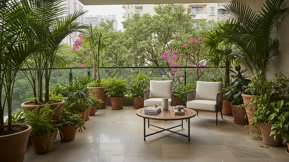 Close-up view of a refined apartment balcony with greenery and premium outdoor seating