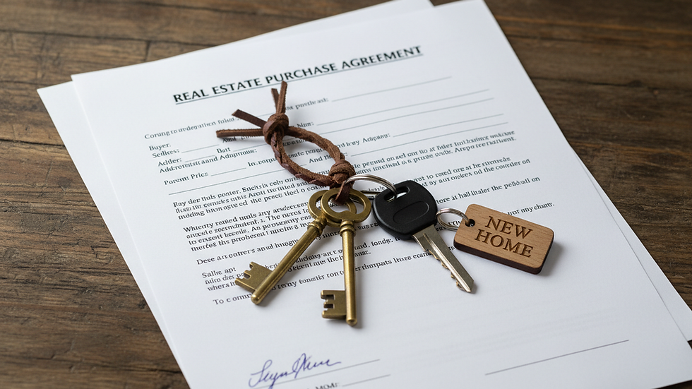 Close-up view of a real estate contract and keys on a wooden table