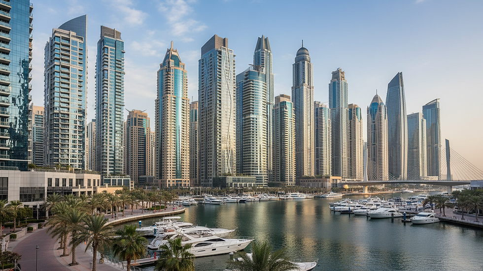 Eye-level view of modern residential towers in Dubai Marina