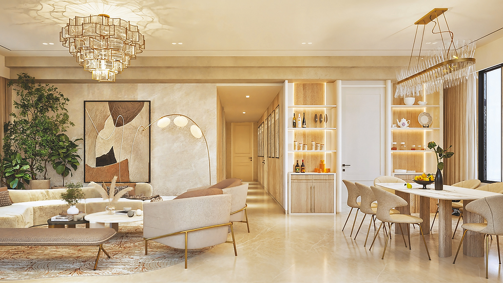 Wide-angle view of a premium living room with large windows and warm natural materials