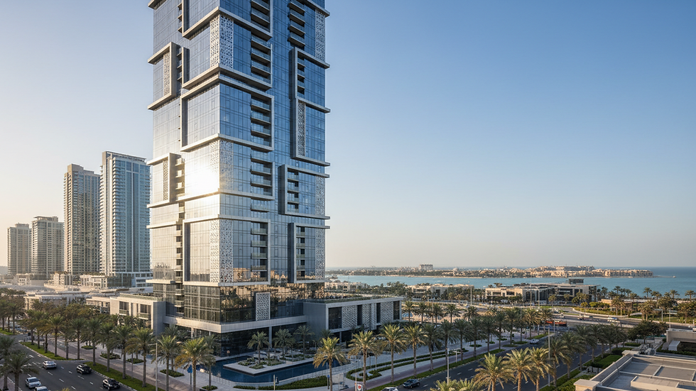 Eye-level view of a modern residential tower in Dubai