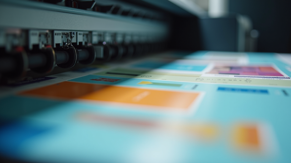 Close-up view of a professional printing press producing colorful marketing materials
