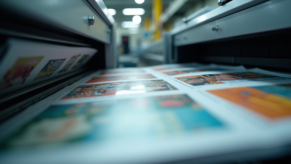 Eye-level view of a print shop machine producing colorful brochures