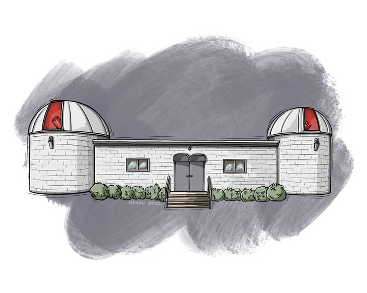 Custom building illustration. A woodcut-aesthetic drawing of the Veen Observatory, a long white brick building with domes on both ends. There is glowing red light coming from openings in both domes, and telescopes are visible. There is a grayish textured swatch of color in the background.