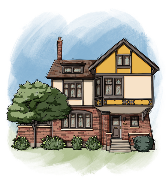 Custom home illustration. A woodcut-aesthetic drawing of three-story house with red brick and two-toned stucco, with trees and other greenery surrounding and in the background.