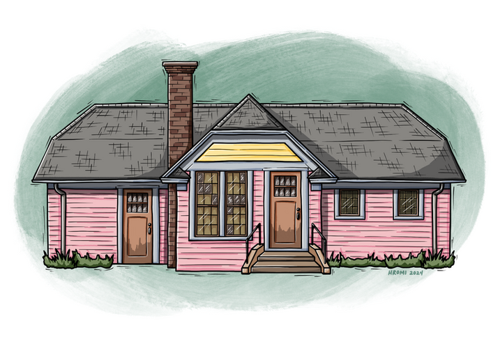 Custom building illustration. A woodcut-aesthetic drawing of a small pastel pink house with blue and yellow accents. There is a dark green textured swatch of color in the background.