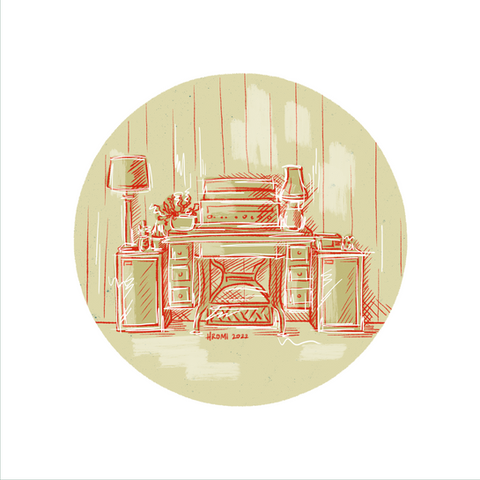 An illustration of a sewing table with a record player as its centerpiece, covered in other decorations, plants, and lamps, and flanked by two wooden vintage speakers. The illustration is mostly light muted olive green, with neon hot pink outlines and details.