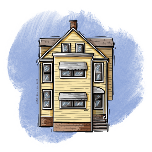 A woodcut-aesthetic illustration of a yellowish narrow three-story house. There is a blue textured swatch of color in the background.