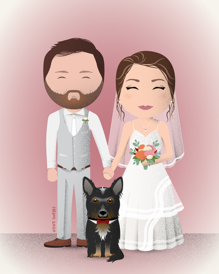 A vector caricature illustration of a light-skinned couple in wedding clothes. The man wears gray slacks and vest. The woman wears a wedding dress with a sheer veil. She holds a pink and orange bouquet. There is a long haired dog in front of the couple. The background of the image is a pink radial gradient.