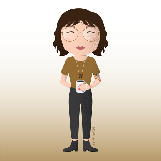 A vector caricature self portrait illustration of a light-skinned youngish woman wearing glasses and holding a white coffee cup. The background of the image is a white and mustard yellow gradient.