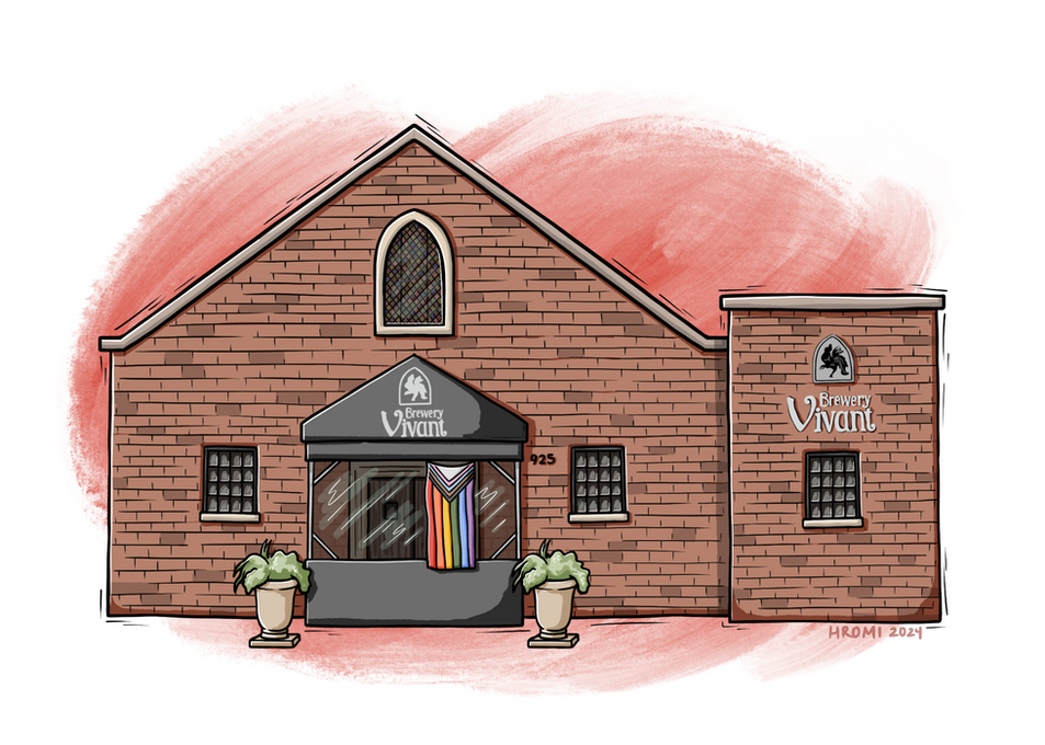 Custom building illustration. A woodcut-aesthetic drawing of Brewery Vivant in Grand Rapids, a brick building with a stained glass church window as its centerpiece and a progress flag at its entrance. There is a red textured swatch of color in the background.