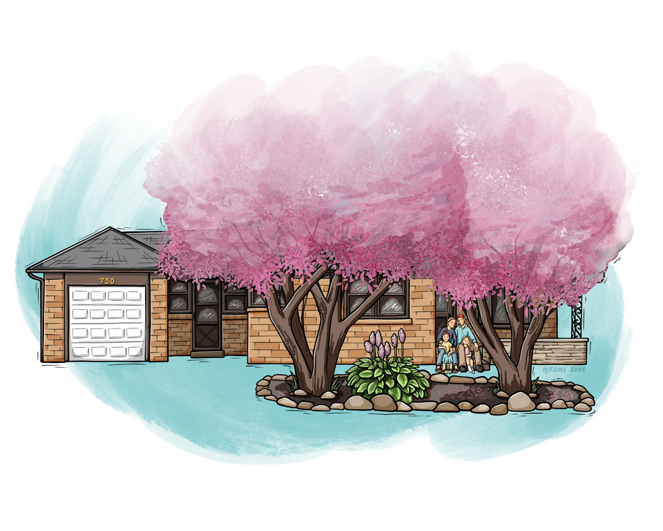 Custom home illustration. A woodcut-aesthetic drawing of a one-story brick house, with two large blooming magnolia trees out front, and a family sitting on the front stoop. There is a teal textured swatch of color in the background.