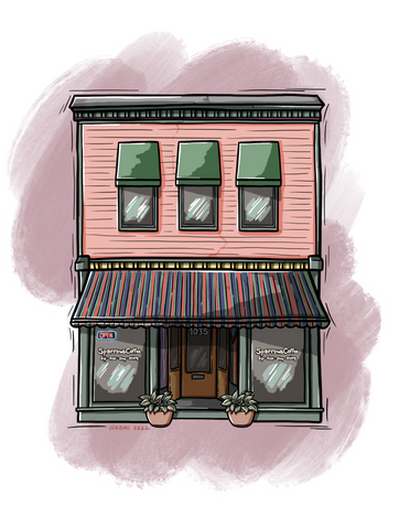 A woodcut-aesthetic illustration of Sparrows Coffee, a small two-story building with light red siding and small green awnings on the upper floor and green wood and a large striped awning on the lower floor. There are decals on the front windows that say "Sparrows Coffee: Sip, Read, Shop, Belong." There is a faded pink textured swatch of color in the background.