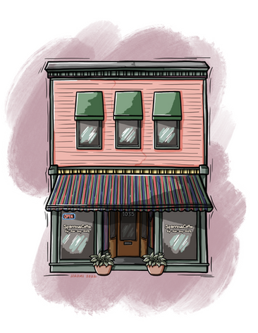 A woodcut-aesthetic illustration of Sparrows Coffee, a small two-story building with light red siding and small green awnings on the upper floor and green wood and a large striped awning on the lower floor. There are decals on the front windows that say "Sparrows Coffee: Sip, Read, Shop, Belong." There is a faded pink textured swatch of color in the background.