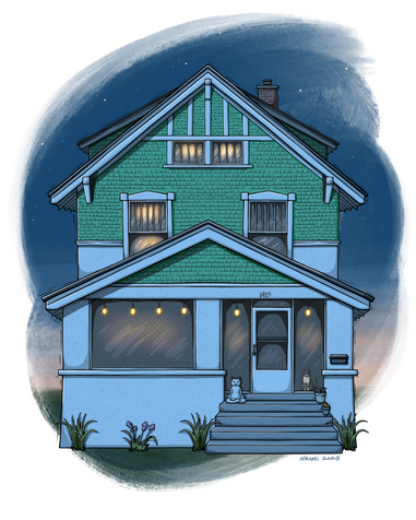 Custom home illustration. A woodcut-aesthetic drawing of a white and green two-story house at dusk, with glowing lights in some of the windows and a cat looking out from the front door.