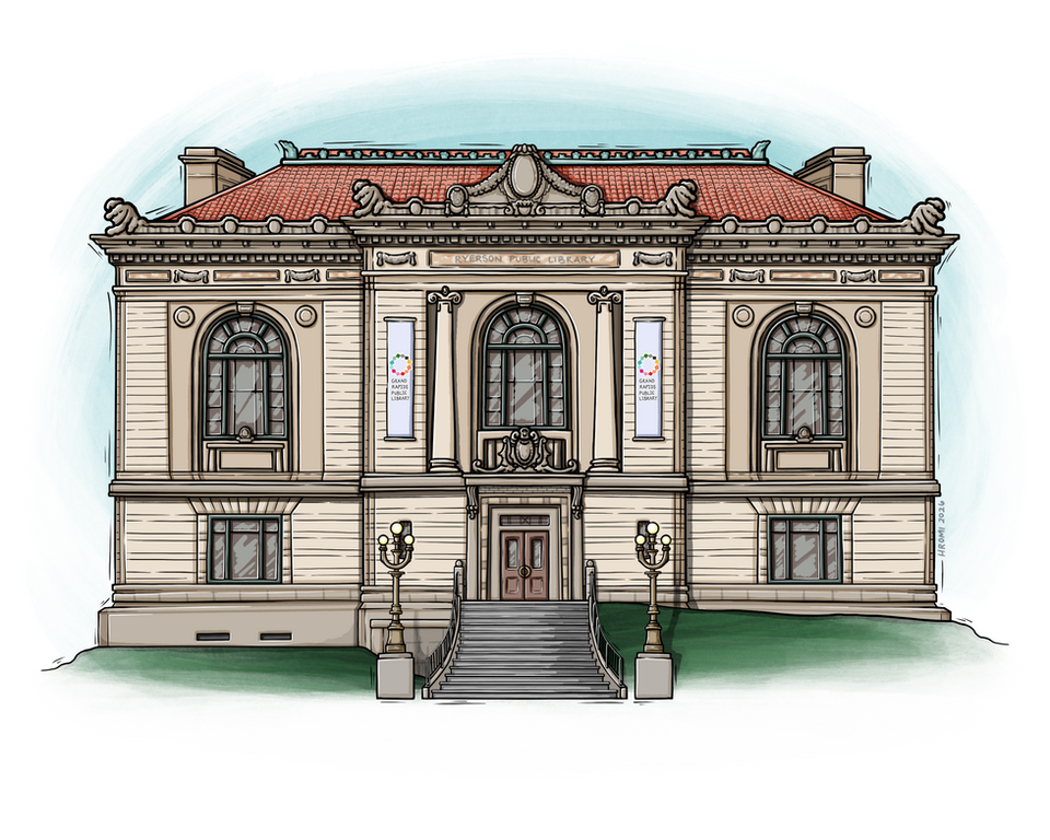 Custom building illustration. A woodcut-aesthetic drawing of the main branch of the Grand Rapids Public Library.