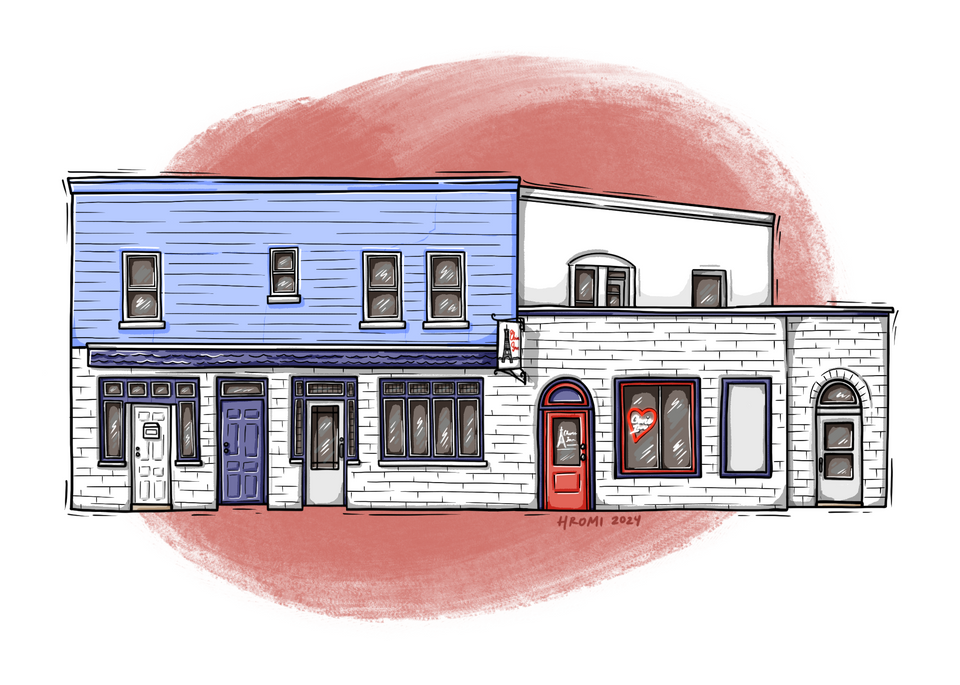 Custom building illustration. A woodcut-aesthetic drawing of Cherie Inn, a white and light blue diner with a bright red door and navy blue accents. There is a muted red textured swatch of color in the background.