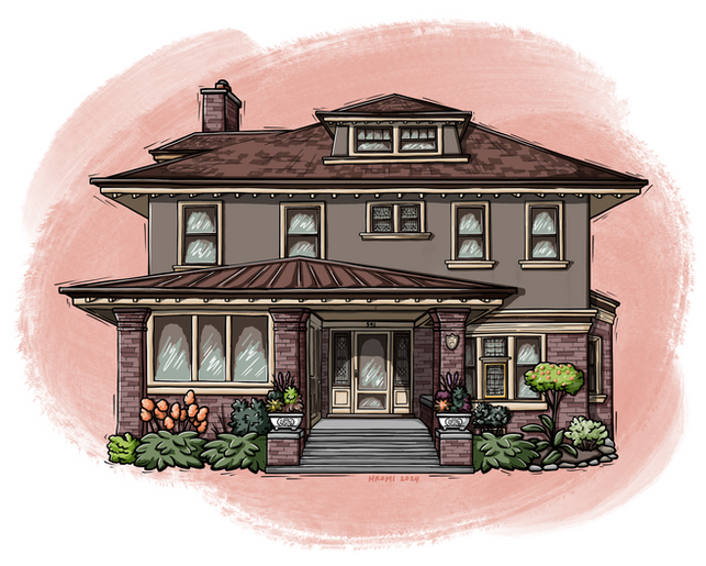 Custom home illustration. A woodcut-aesthetic drawing of three-story brown and brick house with lush landscaping out front. There is a pinkish textured swatch of color in the background.