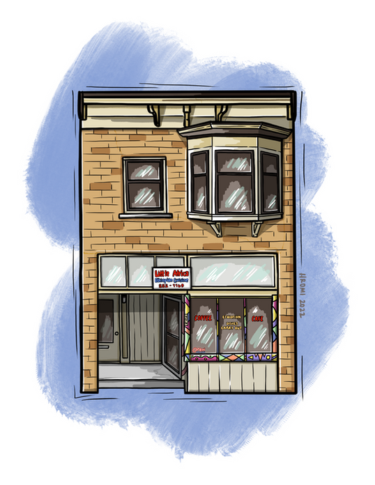 Custom building illustration. A woodcut-aesthetic drawing of Little Africa, a simple two-story brick building. There is a bay window in the upper floor and colorful geometric trim surrounds the lower floor windows. A sign above the windows reads "Little Africa Ethiopian Cuisine." There is a light blue textured swatch of color in the background.