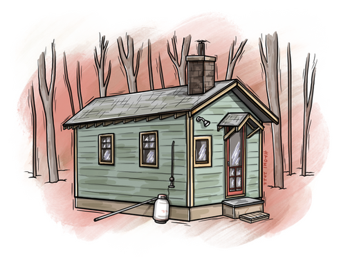 A woodcut-aesthetic illustration of an olive green cabin in the woods with a red door. There are trees and a reddish textured swatch of color in the background.