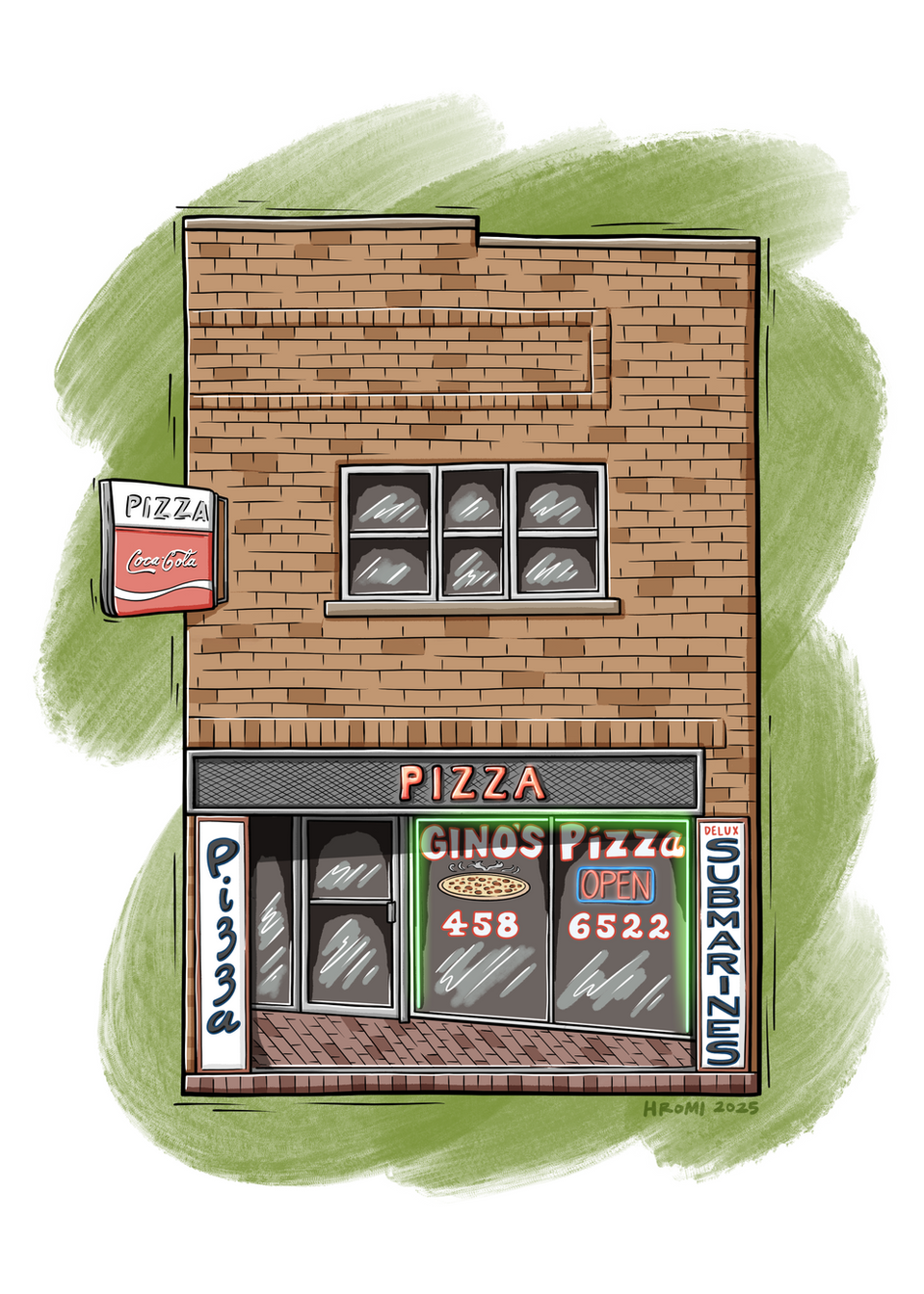 Custom building illustration. A woodcut-aesthetic drawing of Gino's Pizza in Eastown Grand Rapids, a brick building with a neon green sign on one window. There is a green textured swatch of color in the background.