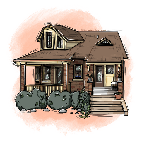 A woodcut-aesthetic illustration of a brick and pale yellow two-story corner house with angled windows and brick columns. There is a large porch on one side and a small stoop on the other. There is a pinkish-peach textured swatch of color in the background.