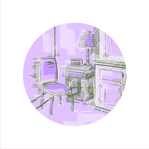 An illustration of a small chair next to an end table and cupboards. The illustration is mostly light purple, with bright green outlines and details.