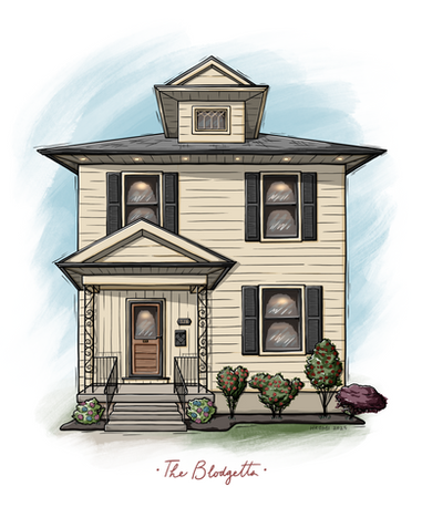 Custom home illustration. A woodcut-aesthetic drawing of a cream-colored 2-story house with hydrangeas and rose bushes in the front garden.