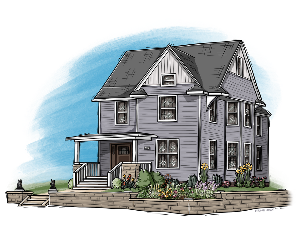 Custom home illustration. A woodcut-aesthetic drawing of a large gray house with lush landscaping and a brick retaining wall in the front and around the side of the yard.