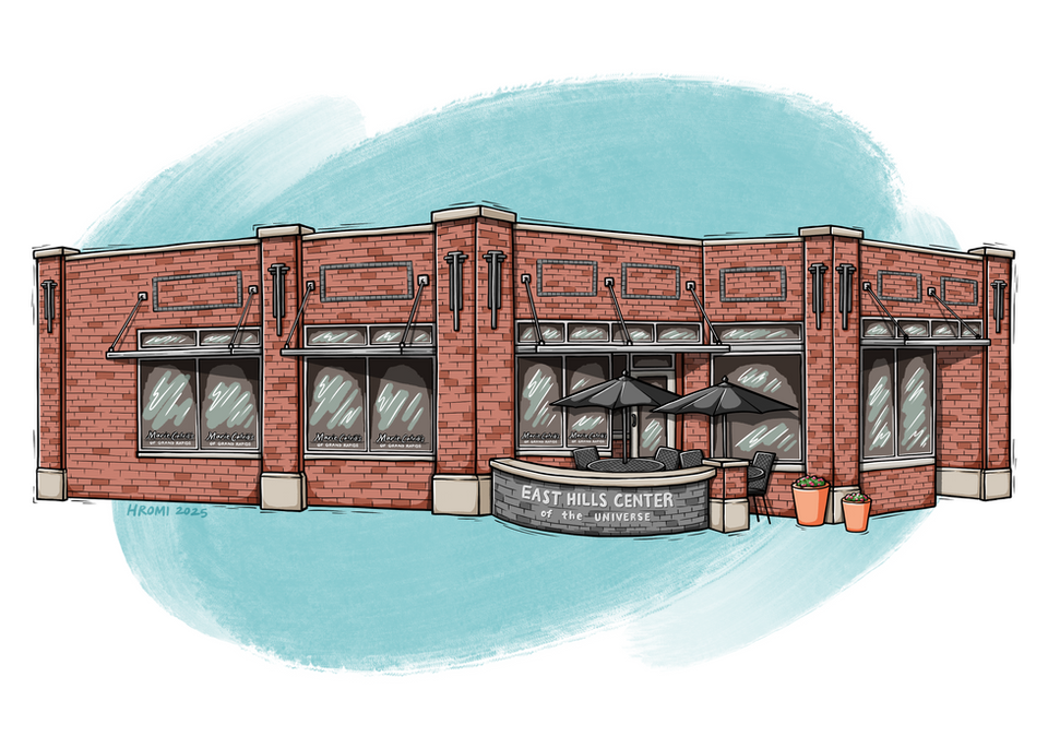 Custom building illustration. A woodcut-aesthetic drawing of Marie Catrib's in Grand Rapids, with the classic sign on the wall out front that reads "East Hills Center of the Universe." There is a teal textured swatch of color in the background.