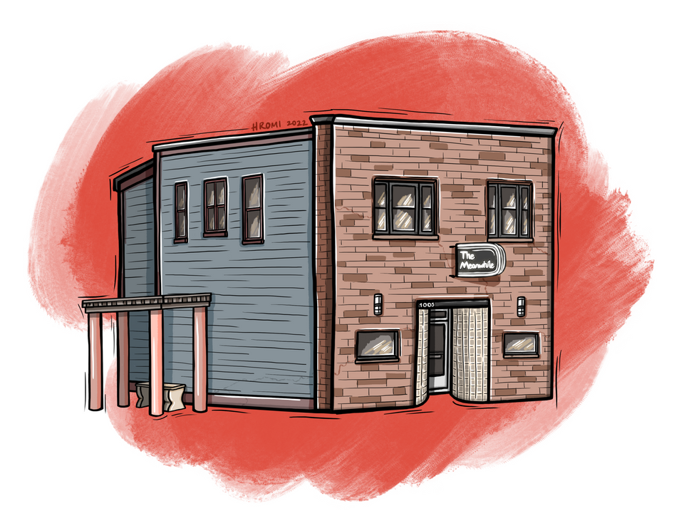 Custom building illustration. A woodcut-aesthetic drawing of The Meanwhile Bar, a small brick-front dive bar with blue-gray siding on the side of the building. There are rounded glass-block windows framing the front door, a white neon sign above the door that says "The Meanwhile," and a pavilion around the corner. There is a bright red textured swatch of color in the background.