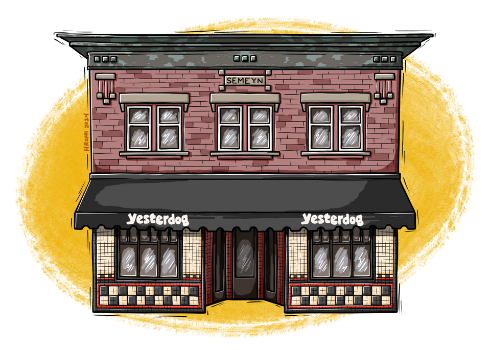 Custom building illustration. A woodcut-aesthetic drawing of Yesterdog in Eastown Grand Rapids, a brick building with red, black, and cream colored tiles. There is a bright yellow textured swatch of color in the background.