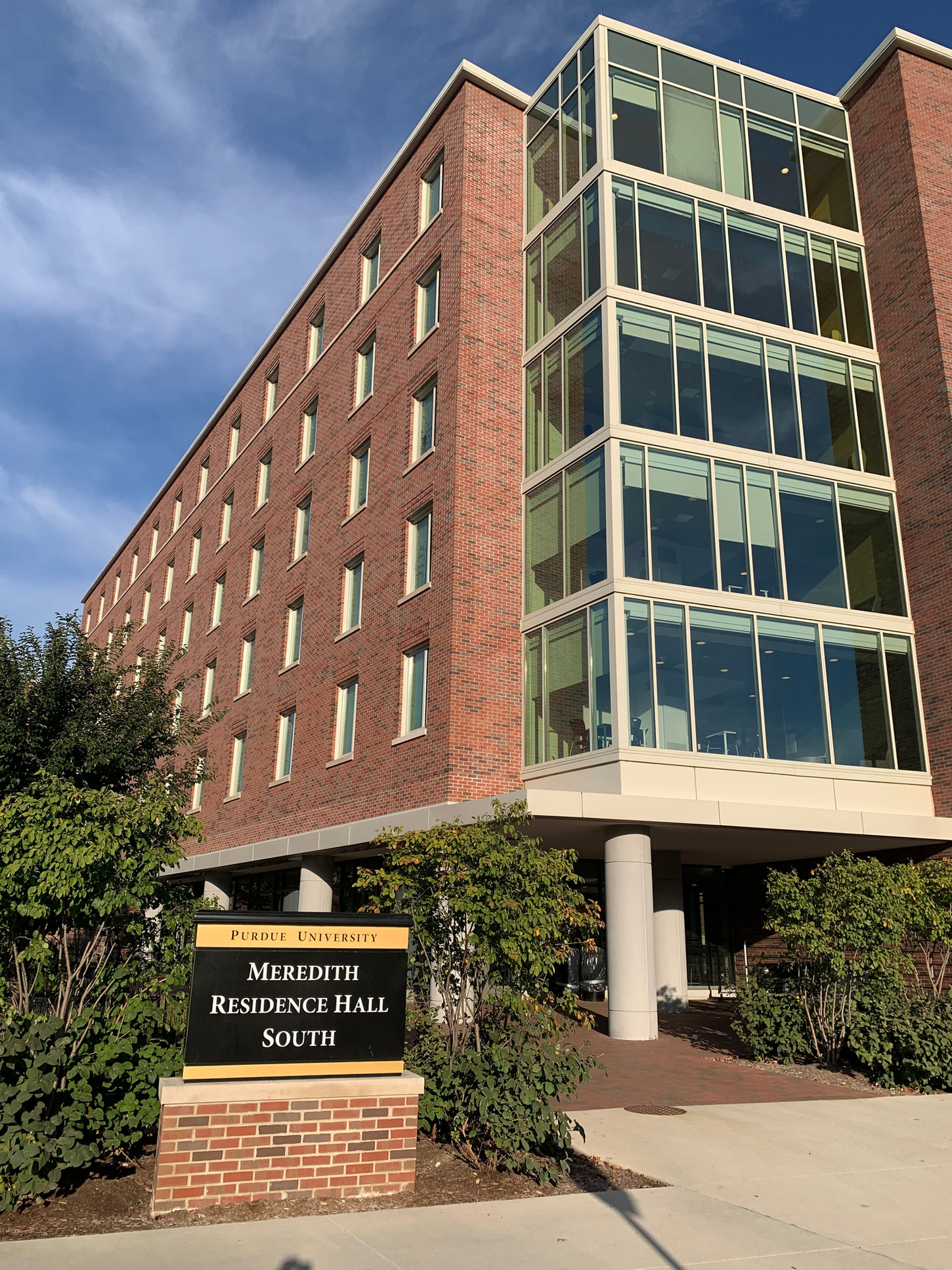 Front view of Meredith Residence Hall South on Purdue University's campus.