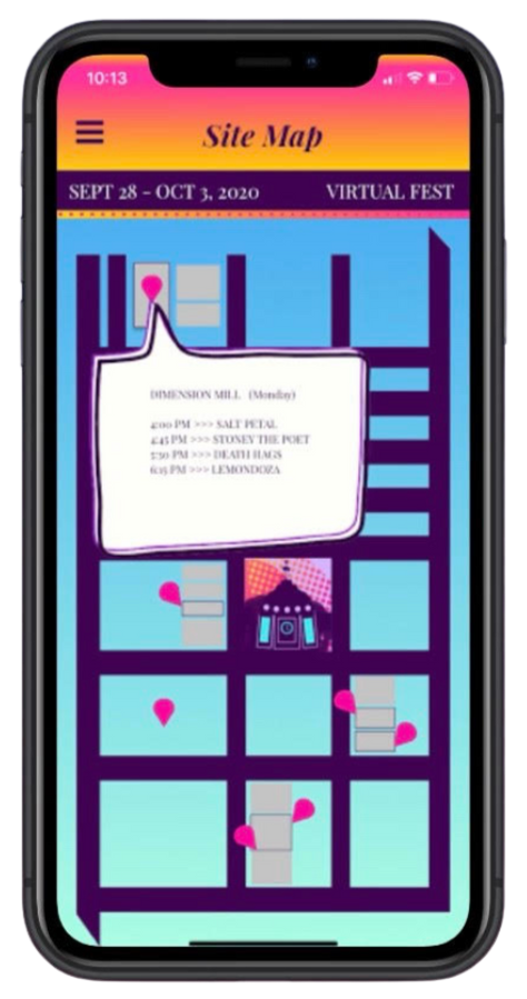 Final design of the interactive festival map with location pins and festival schedules