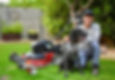 Juan Gaeta, Owner of Precision Cuts Lawn Care, with his German Shorthaired pointer Iggy on freshly fertilized and mowed grass.