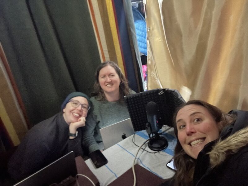 Us recording Episode 1 of HR Peep Show in the Very Professional Studio in Krista's very cold basement.