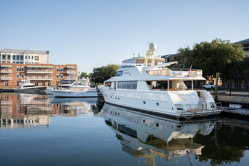 Several large white yachts docked in a calm marina