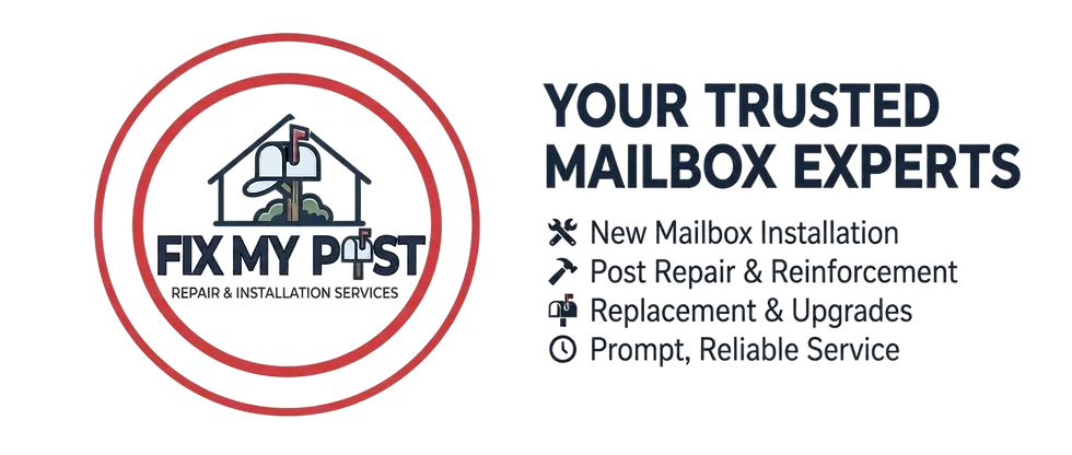 Graphic design logo and service list for a mailbox installation business on a dark background. The design features a stylized house and mailbox icon with red circular accent lines, conveying a professional and reliable service brand.