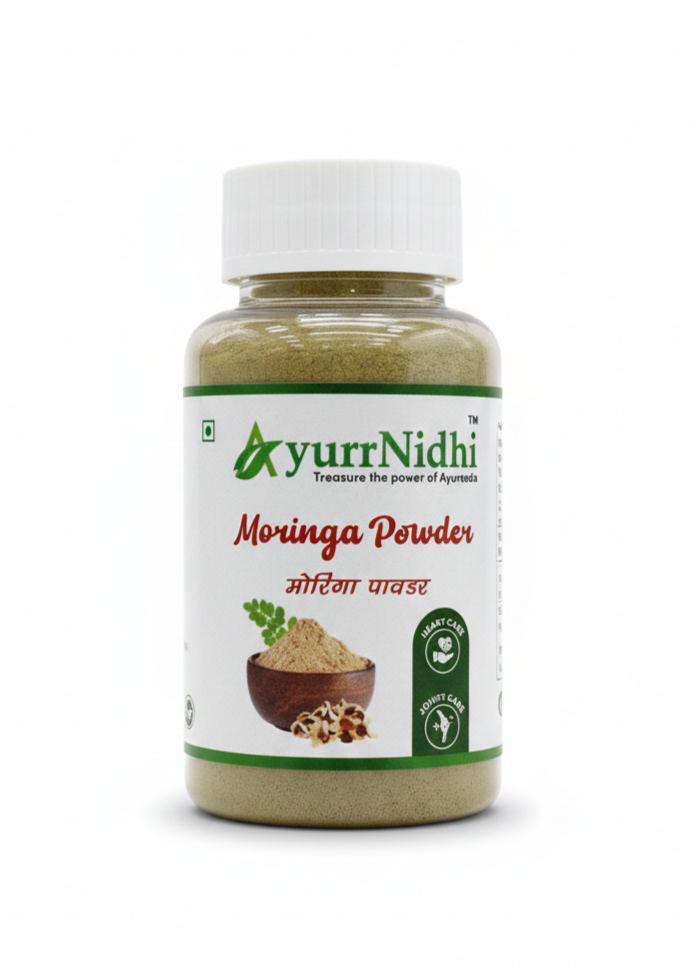 Fresh Moringa oleifera leaves ground into fine green Moringa powder