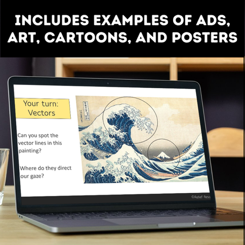 Laptop screen with text and art; Includes ads, cartoons, posters, and examples.